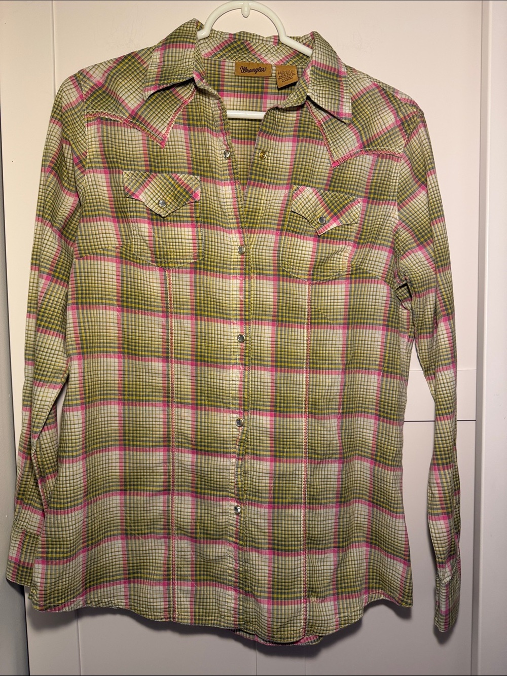 Wrangler Green and Pink Plaid Western Button-Up Shirt
